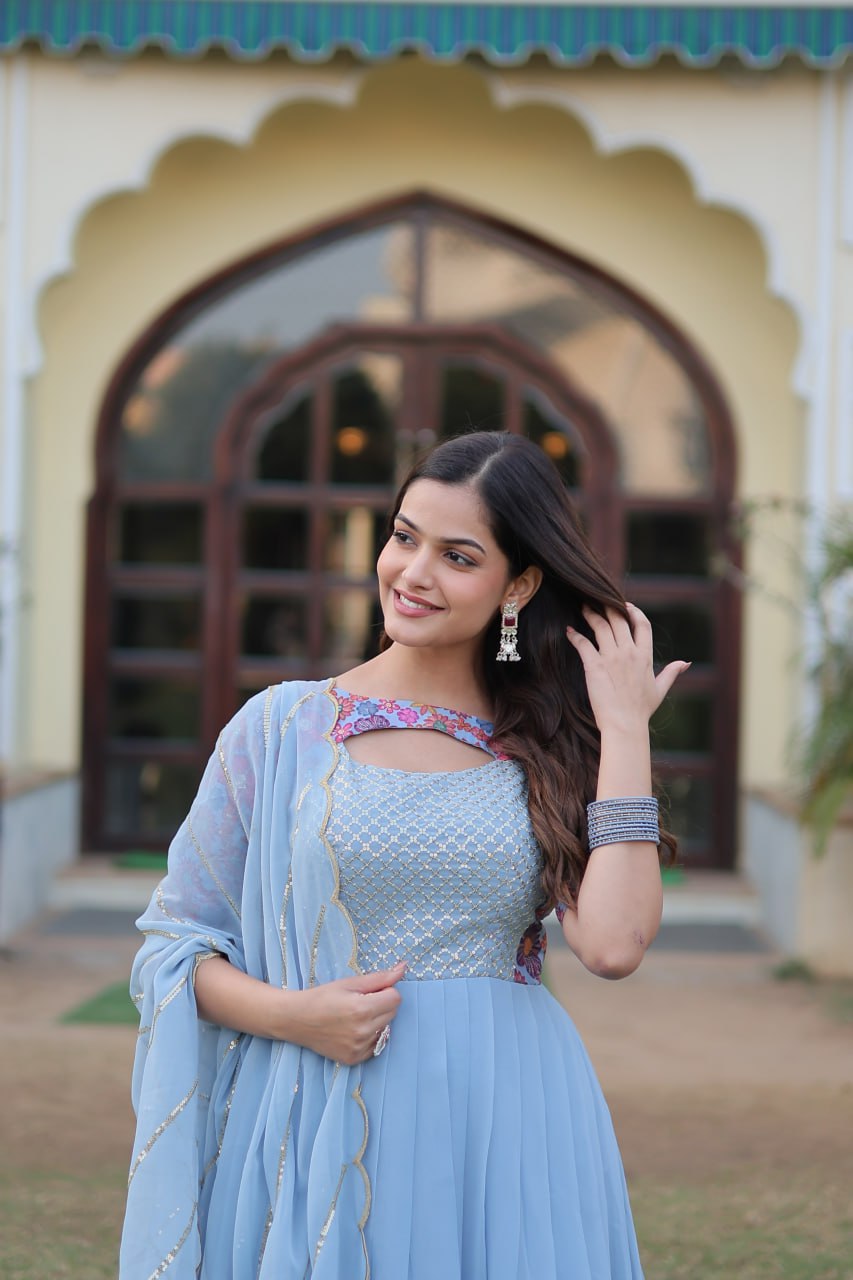 Sky Blue Color Elegance Premium Designer Readymade Gown with Dupatta