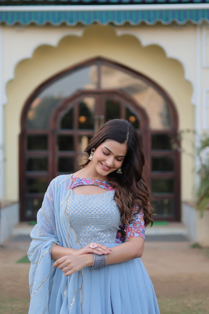 Sky Blue Color Elegance Premium Designer Readymade Gown with Dupatta