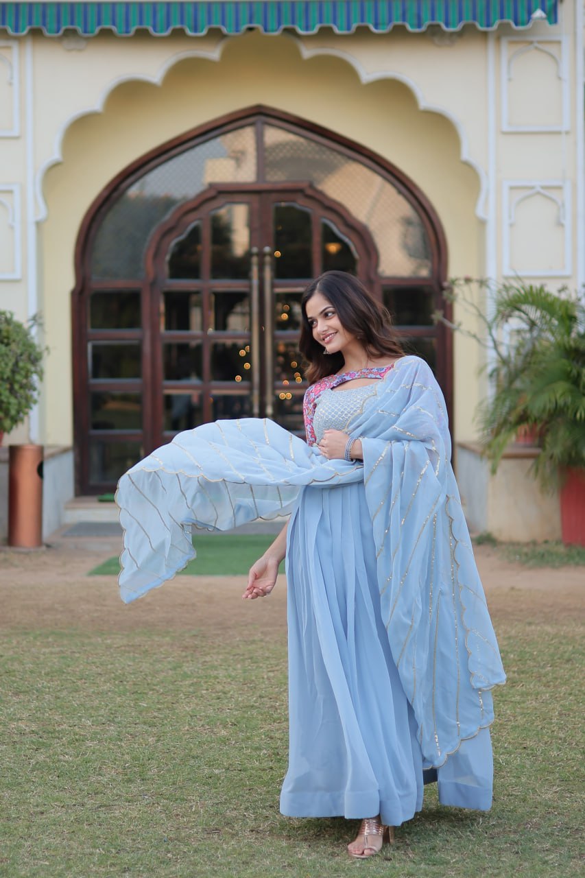 Sky Blue Color Elegance Premium Designer Readymade Gown with Dupatta