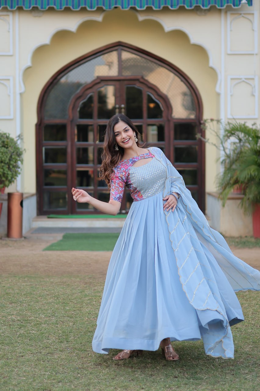 Sky Blue Color Elegance Premium Designer Readymade Gown with Dupatta