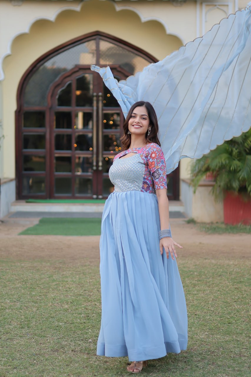 Sky Blue Color Elegance Premium Designer Readymade Gown with Dupatta
