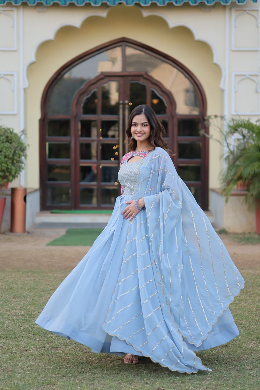 Sky Blue Color Elegance Premium Designer Readymade Gown with Dupatta