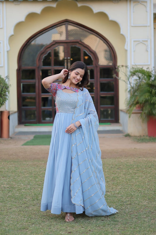 Sky Blue Color Elegance Premium Designer Readymade Gown with Dupatta