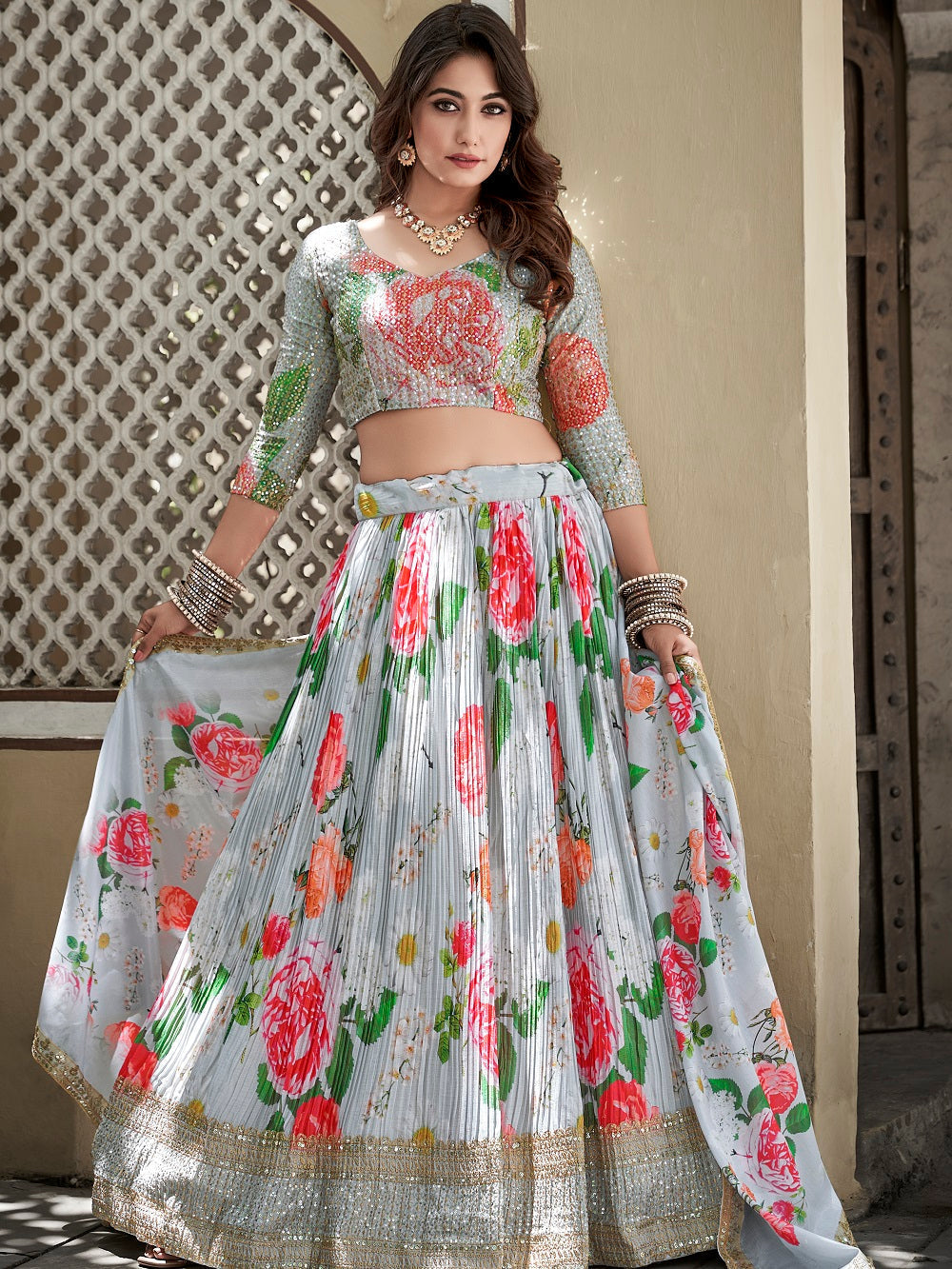 Sky Blue Color Digital Print With Sequins Embroidery Work Crushed Chinon Lehenga Choli