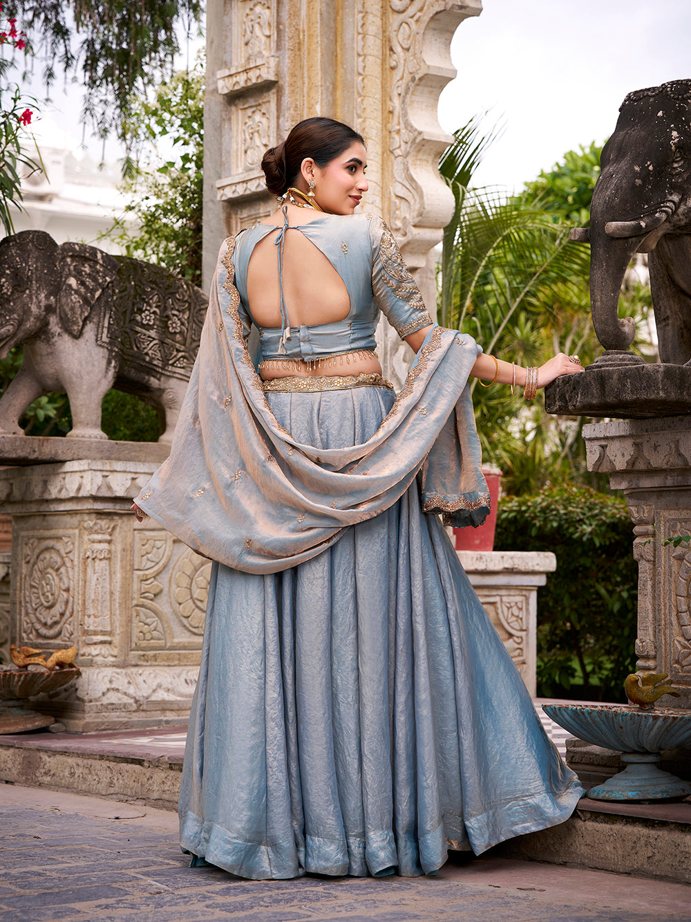 Sky blue fendi fabric sequins thread embroidered lehenga choli with dupatta