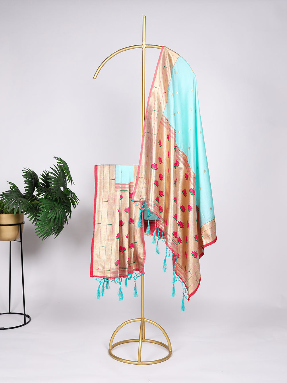 Sky blue color weaving zari work with tassels jacquard silk paithani dupatta