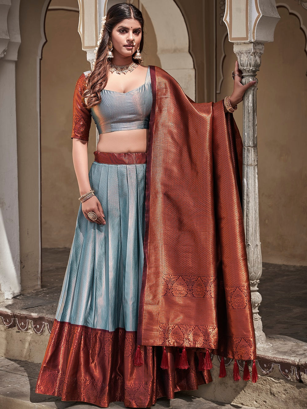 Sky Blue Color Zari Weaving Work Jacquard Silk Pattu Lehenga Choli
