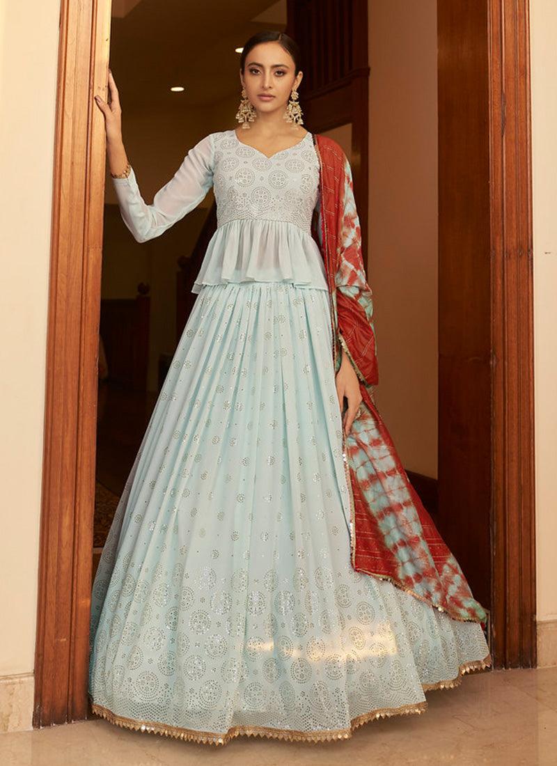 Sky Blue Color Mukaish Work Long Choli Lehenga With Full Sleeves Blouse