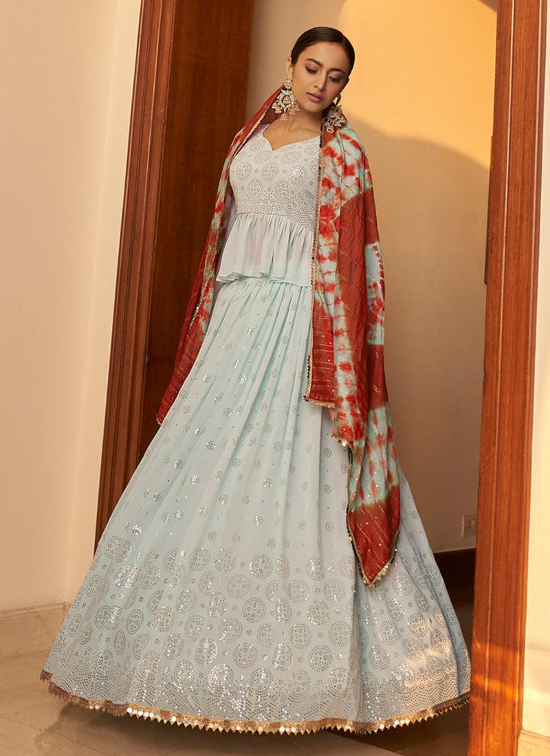 Sky Blue Color Mukaish Work Long Choli Lehenga With Full Sleeves Blouse