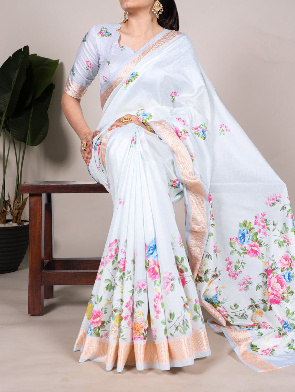 Sky blue tussar silk floral printed saree with viscose border wine blouse