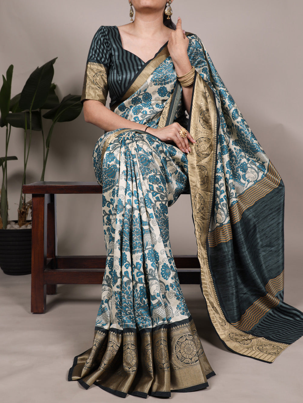 Sky blue color printed tasar silk saree with viscose border