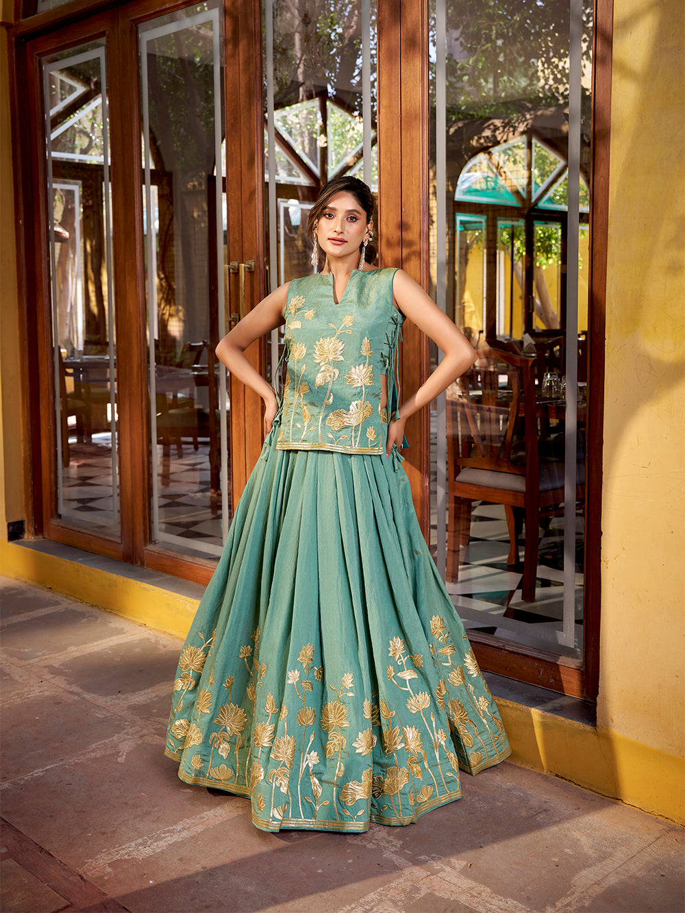 Sky blue shimmer lehenga choli with thread embroidery foil work