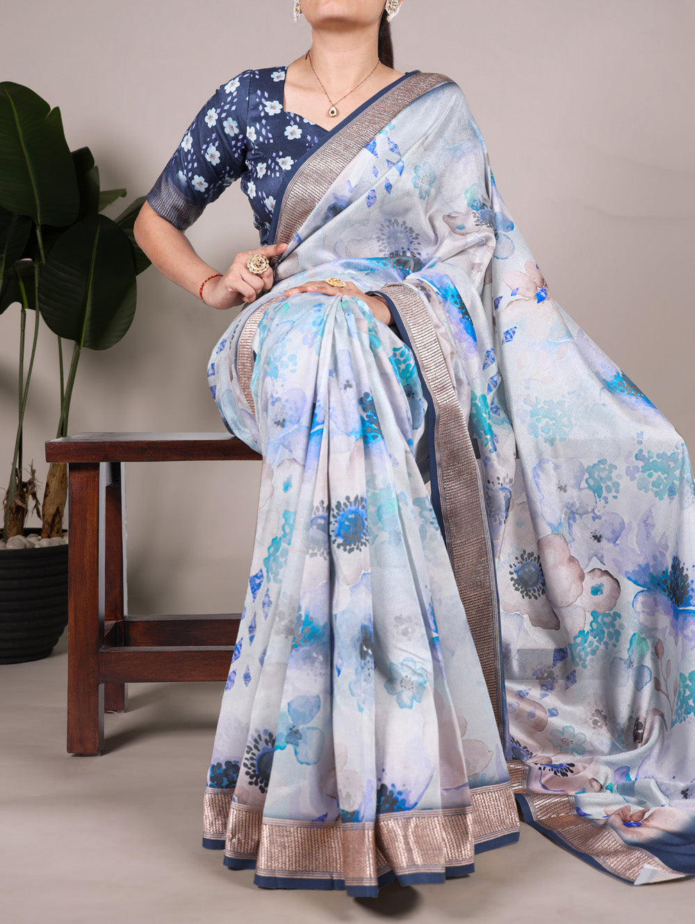 Sky blue tussar silk floral printed saree with viscose border blue blouse