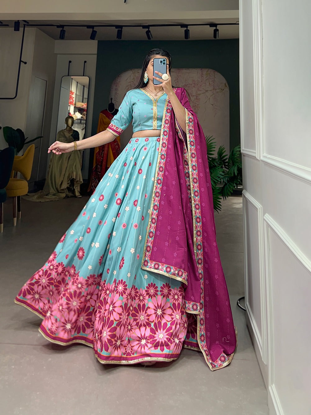 Sky Blue Color Vaishali Silk Printed Lehenga Choli Set with Sequins Lace Border