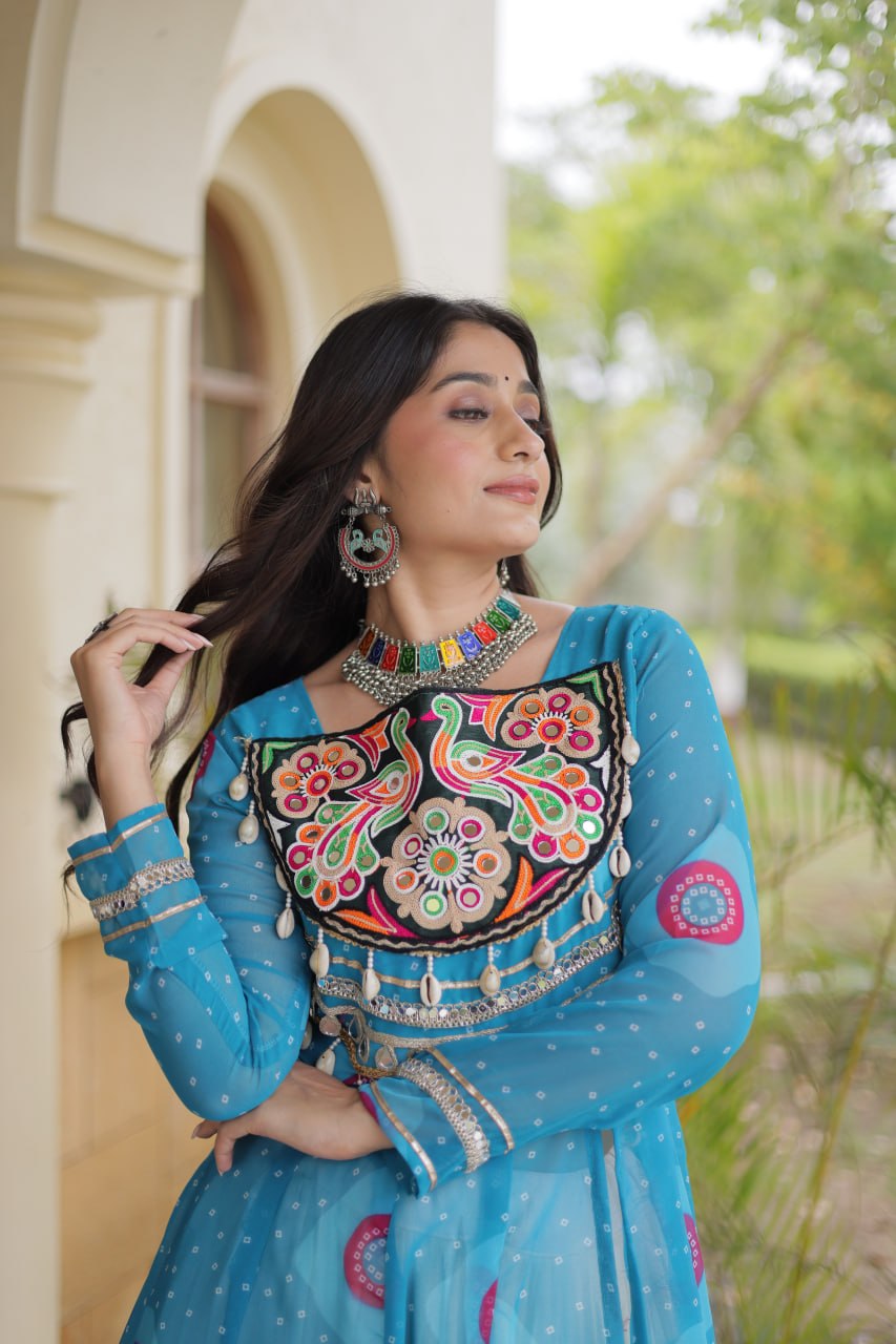 Sky Blue Cotton Lehenga with Bandhani Kurti