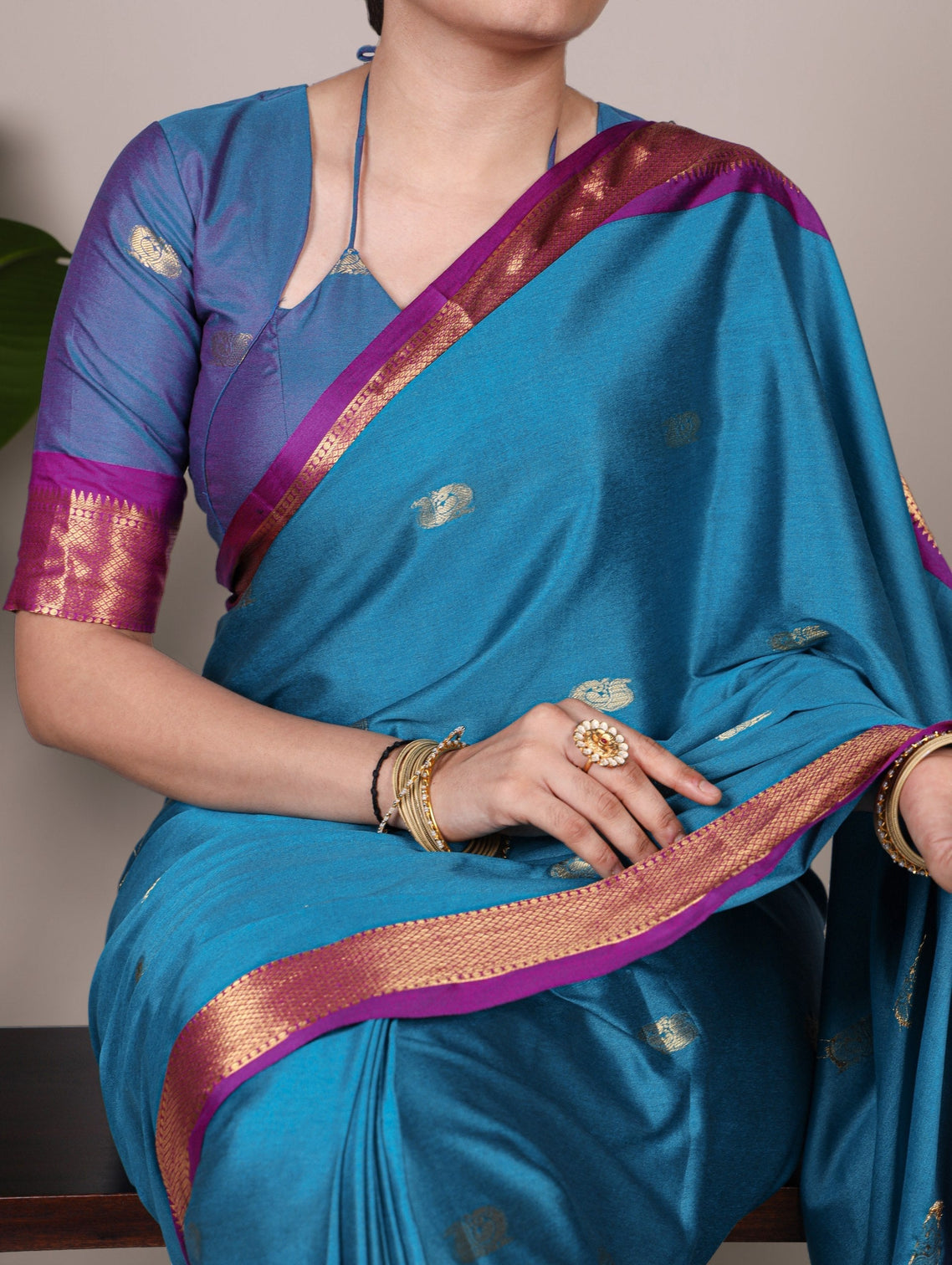 Sky Blue Cotton Silk Saree with Paithani Weaving Work & Matching Blouse