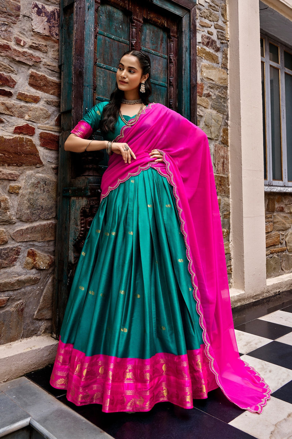 Sky Blue Cotton Silk South Indian Lehenga