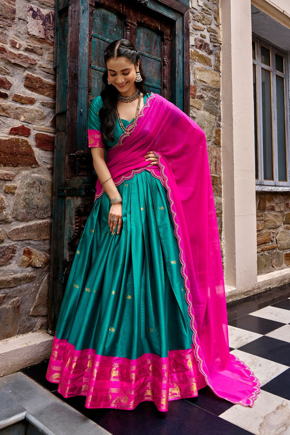 Sky Blue Cotton Silk South Indian Lehenga