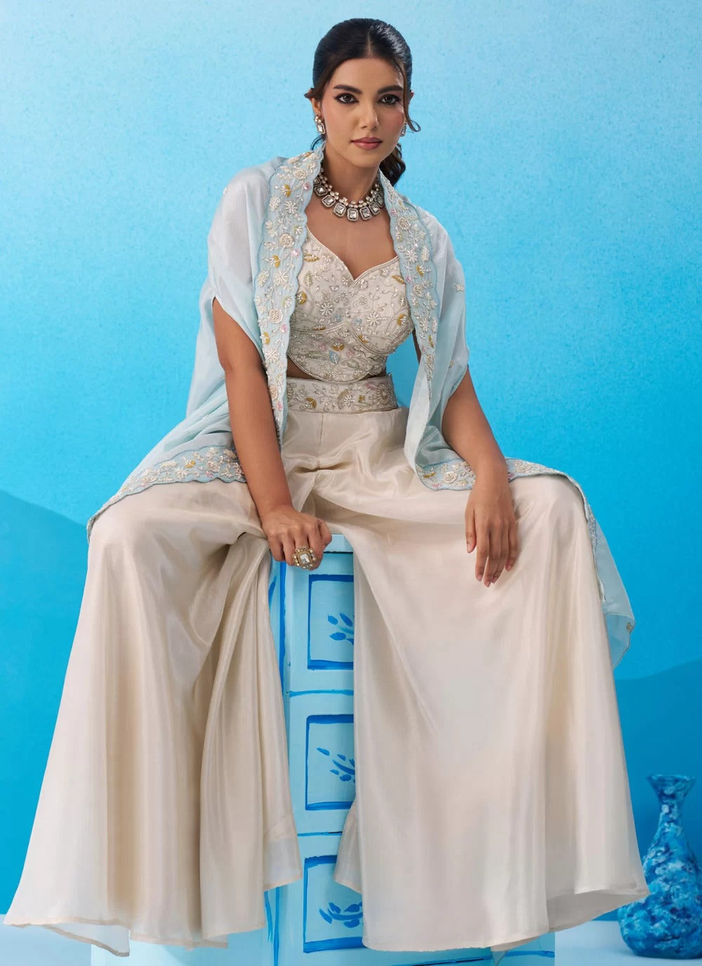 Cream sky blue indo western co ord set with embroidered cape for women