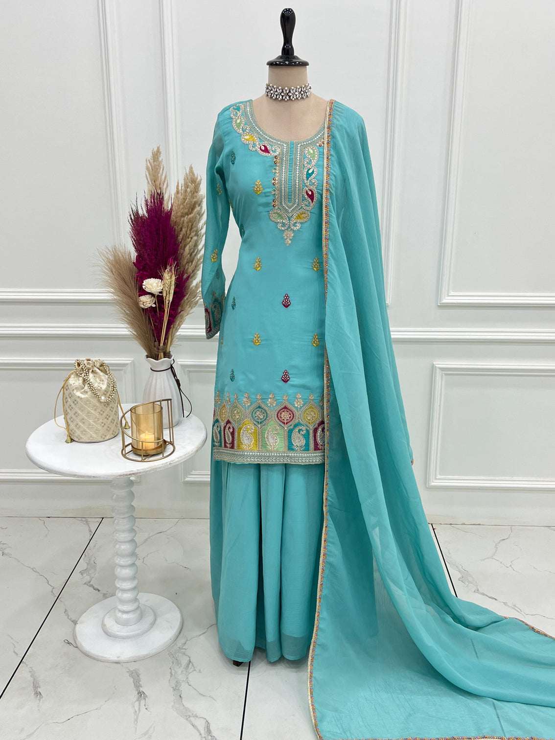 Sky Blue Crunchy Silk Sharara suit