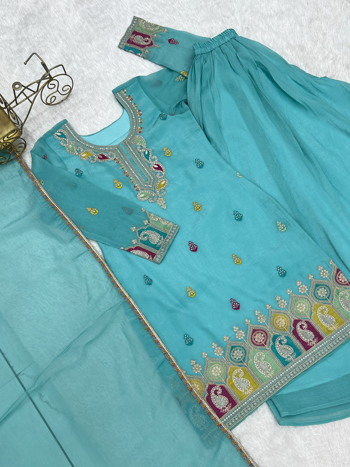 Sky Blue Crunchy Silk Sharara suit