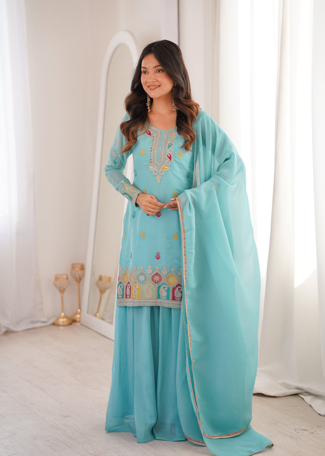 Sky Blue Crunchy Silk Sharara suit
