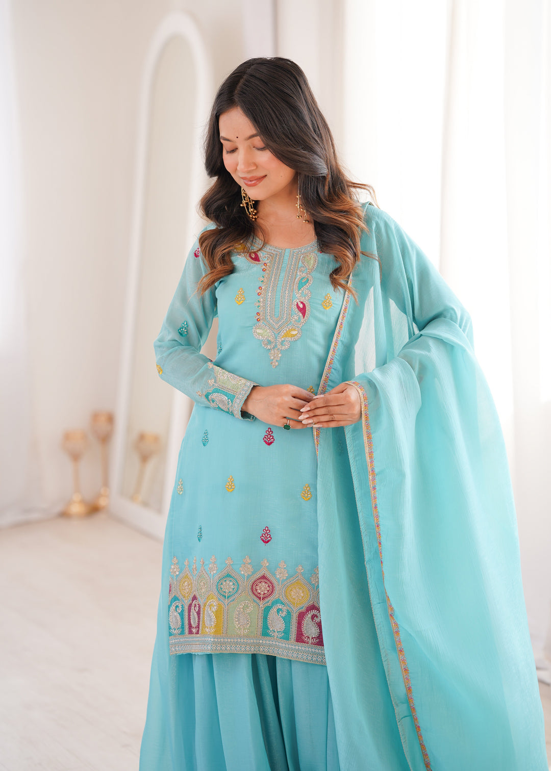 Sky Blue Crunchy Silk Sharara suit