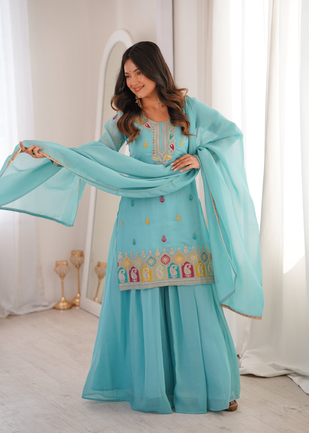 Sky Blue Crunchy Silk Sharara suit