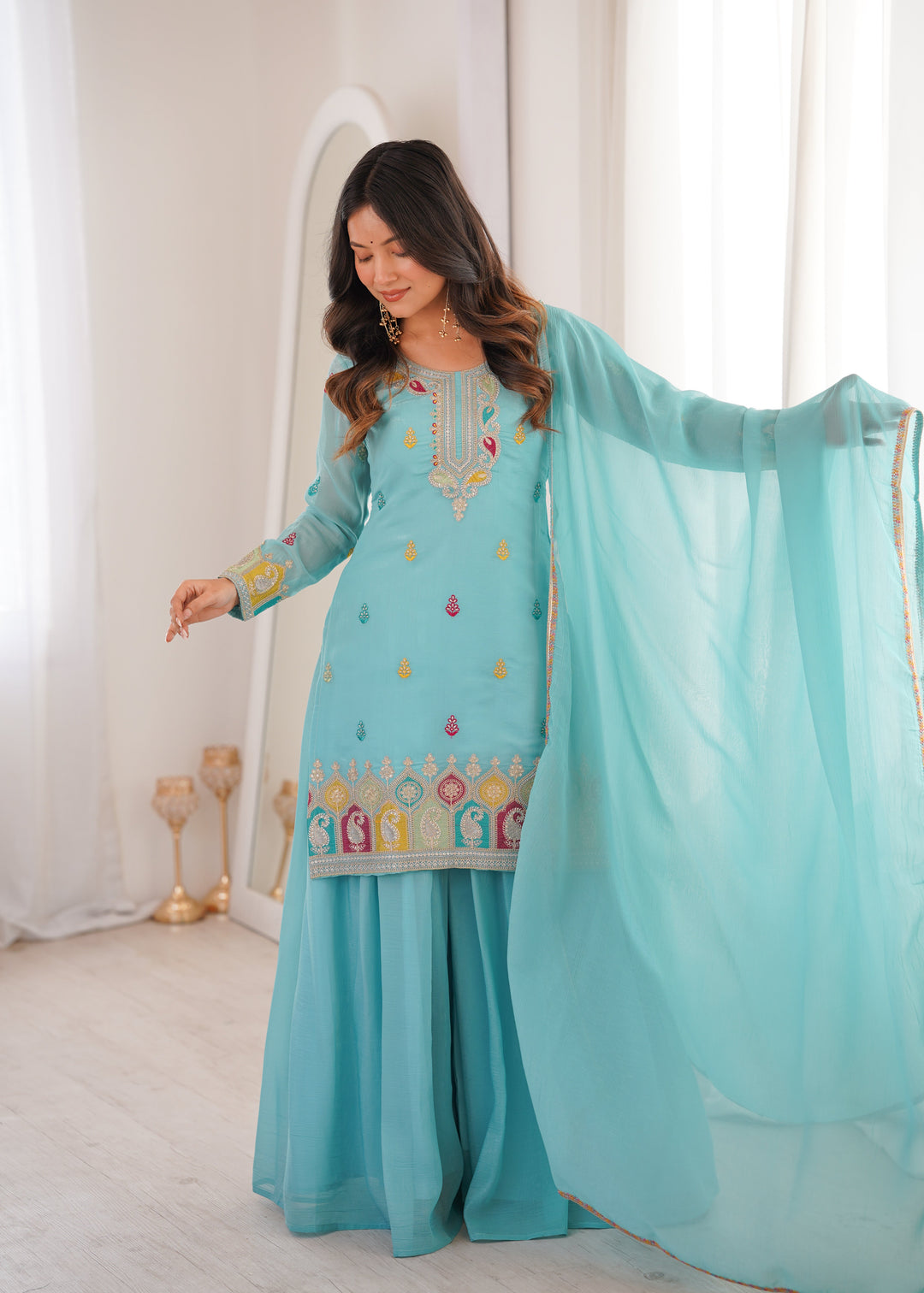 Sky Blue Crunchy Silk Sharara suit