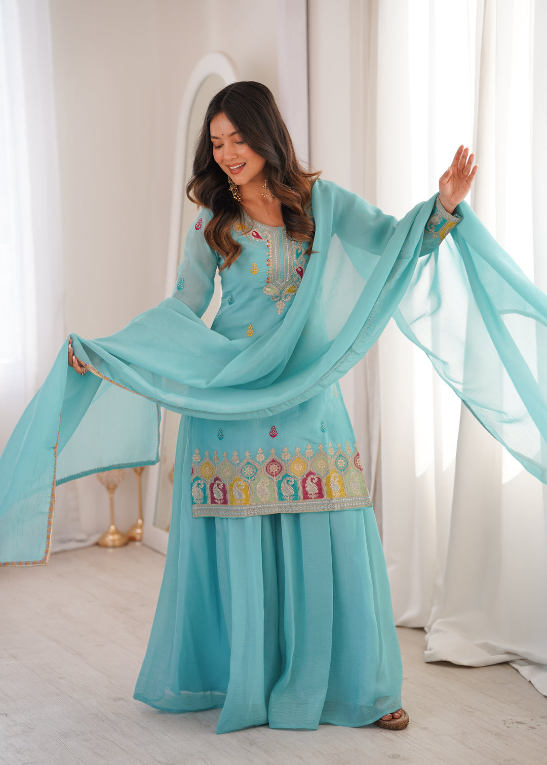 Sky Blue Crunchy Silk Sharara suit