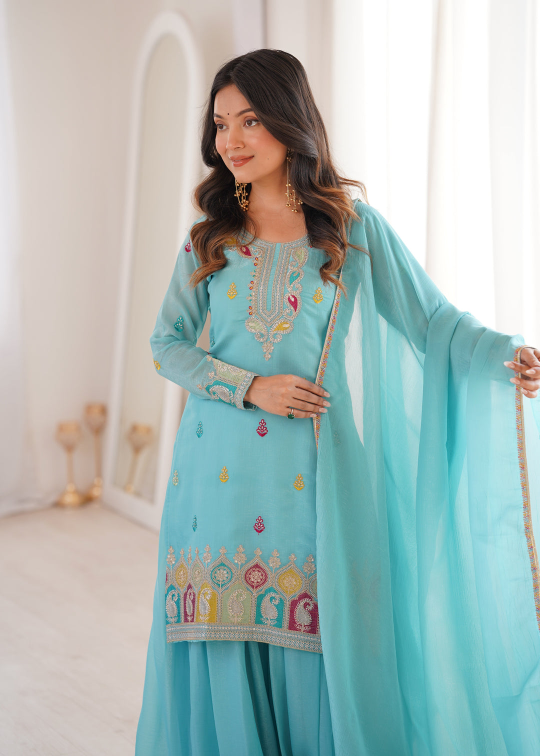 Sky Blue Crunchy Silk Sharara suit