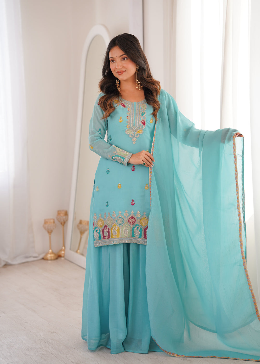 Sky Blue Crunchy Silk Sharara suit