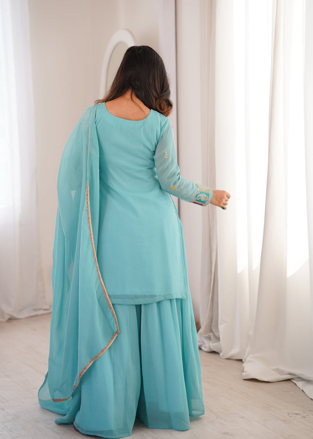Sky Blue Crunchy Silk Sharara suit