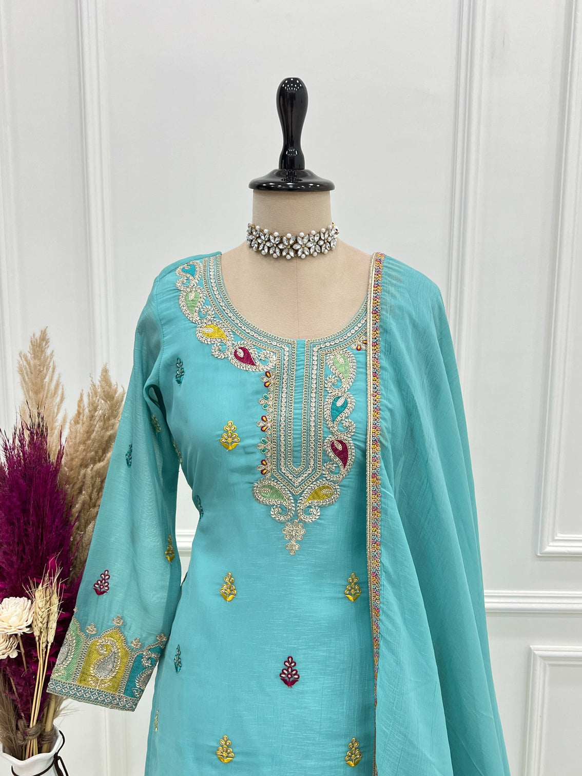 Sky Blue Crunchy Silk Sharara suit