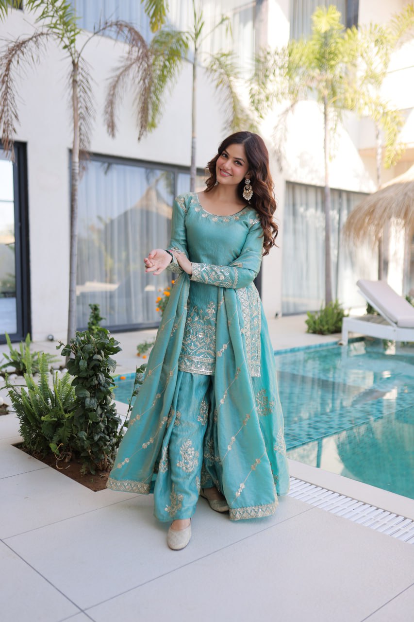 Sky Blue Crush Embroidered Kurti Sharara Set