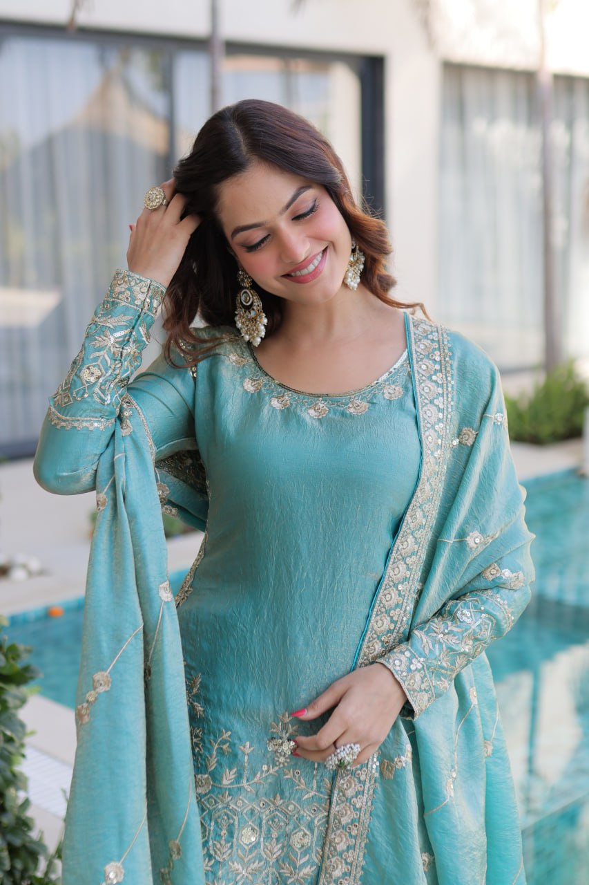 Sky Blue Crush Embroidered Kurti Sharara Set