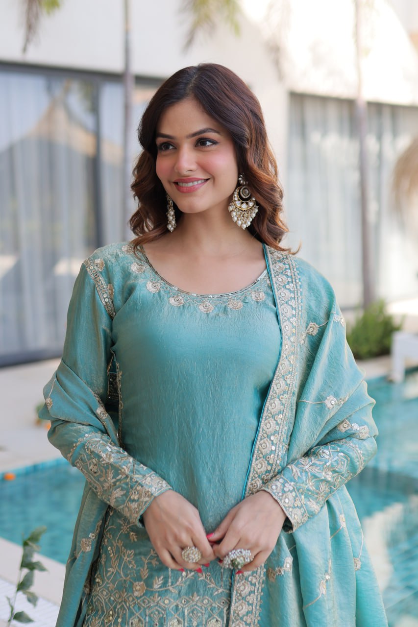 Sky Blue Crush Embroidered Kurti Sharara Set