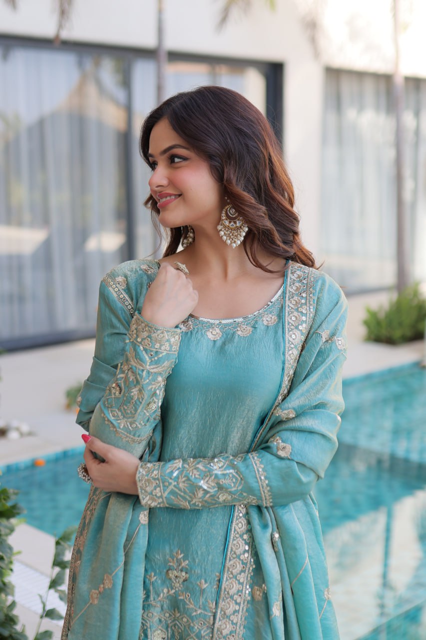Sky Blue Crush Embroidered Kurti Sharara Set