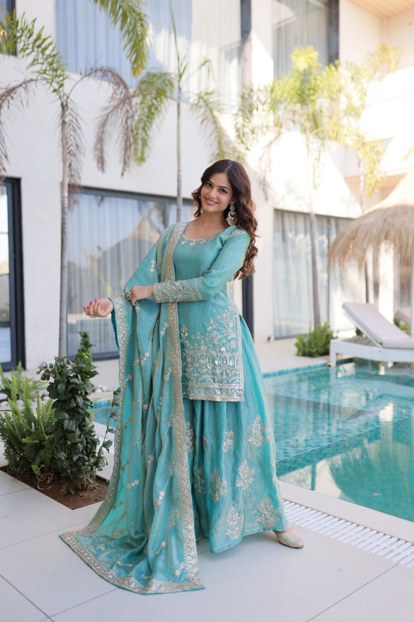 Sky Blue Crush Embroidered Kurti Sharara Set