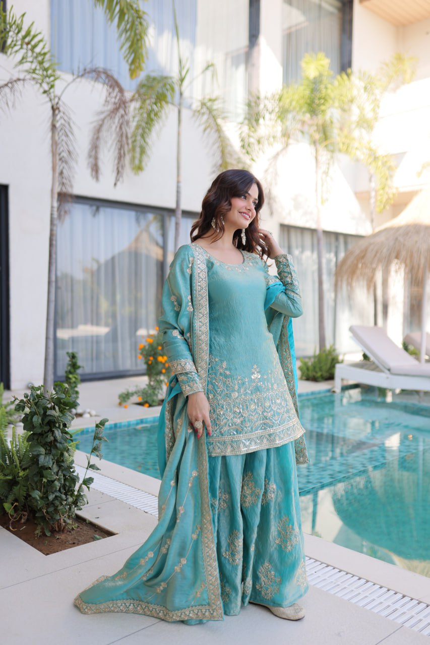 Sky Blue Crush Embroidered Kurti Sharara Set