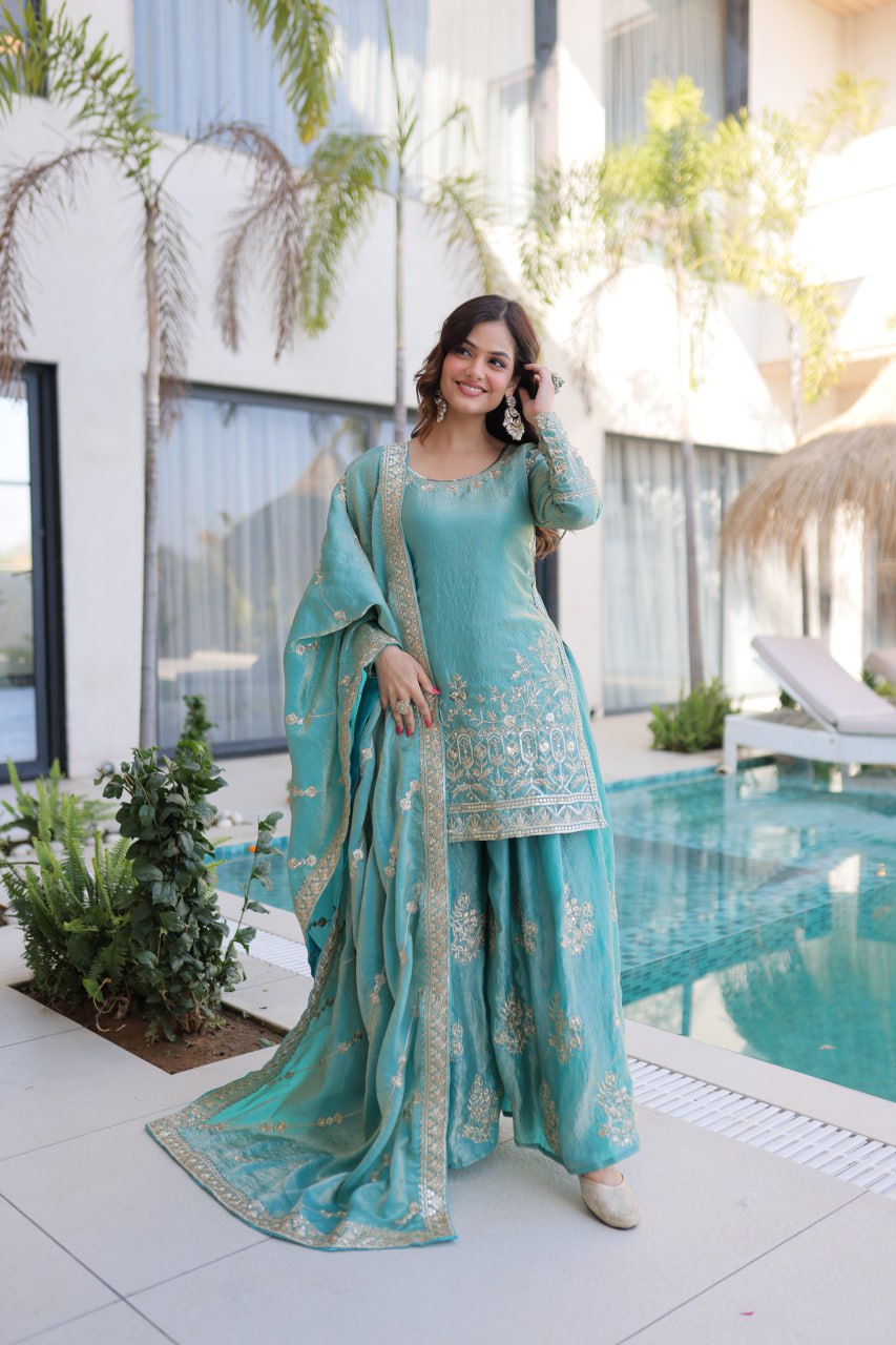 Sky Blue Crush Embroidered Kurti Sharara Set