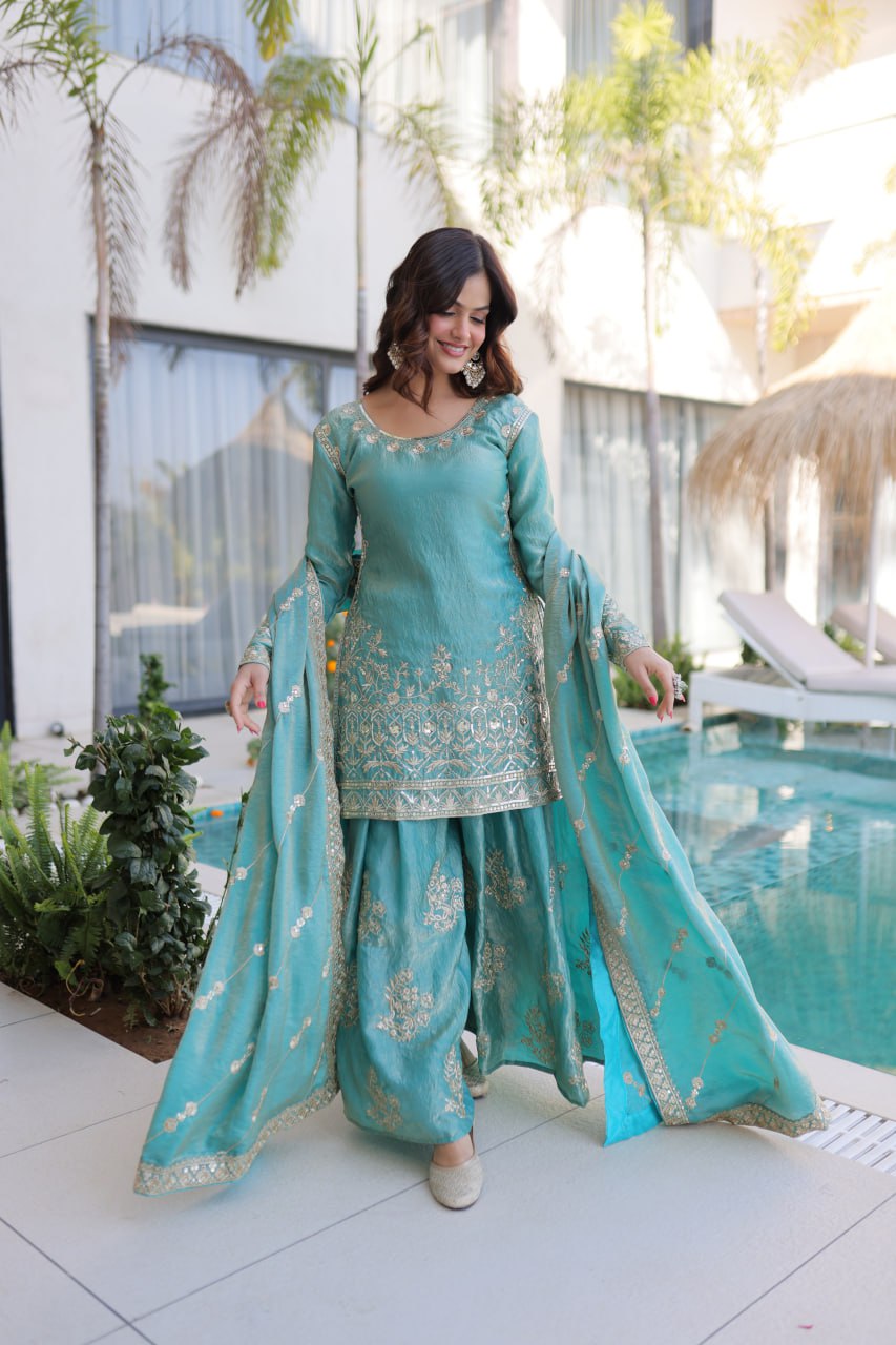 Sky Blue Crush Embroidered Kurti Sharara Set
