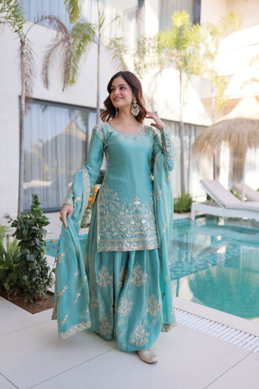 Sky Blue Crush Embroidered Kurti Sharara Set