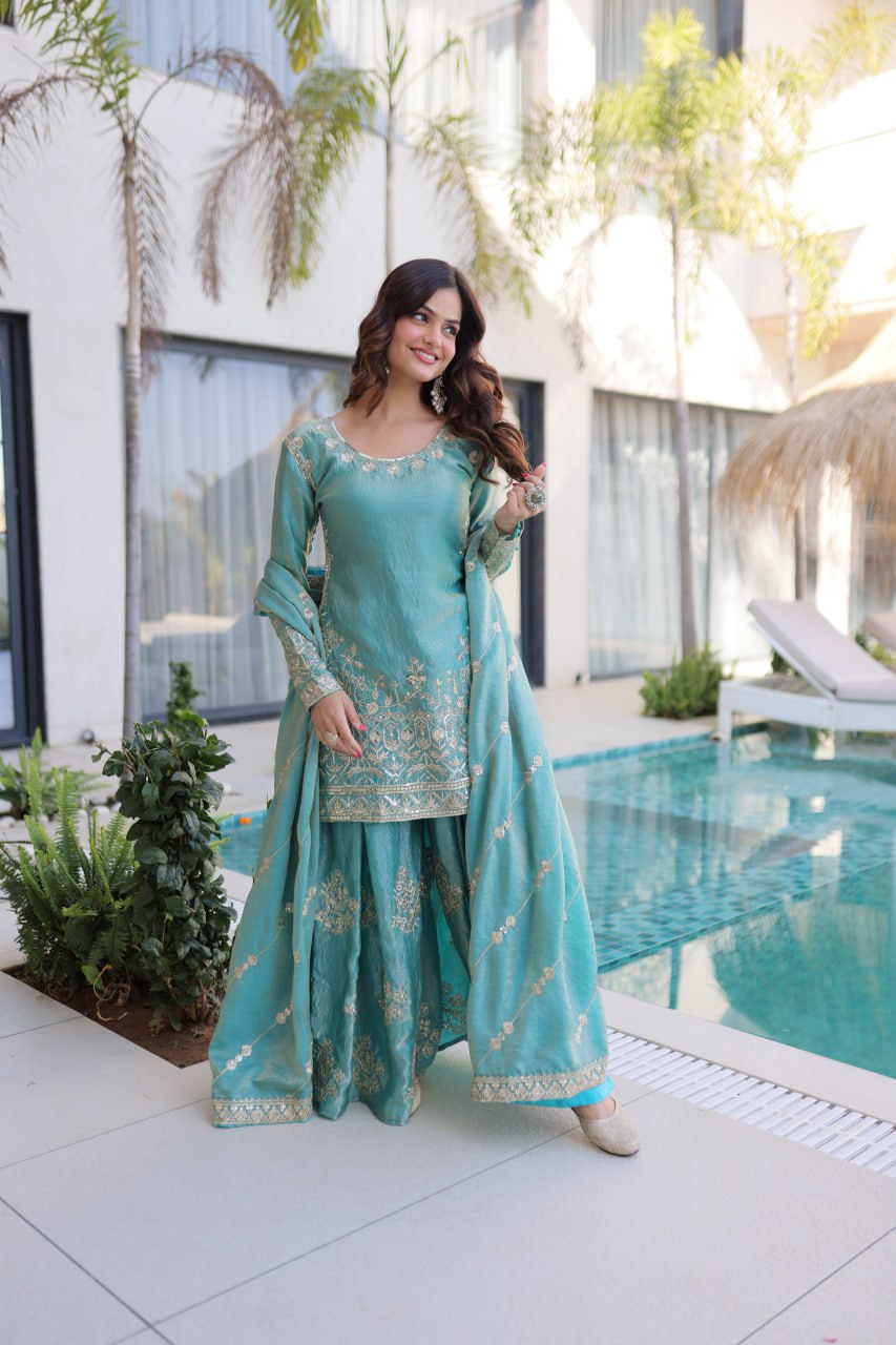 Sky Blue Crush Embroidered Kurti Sharara Set