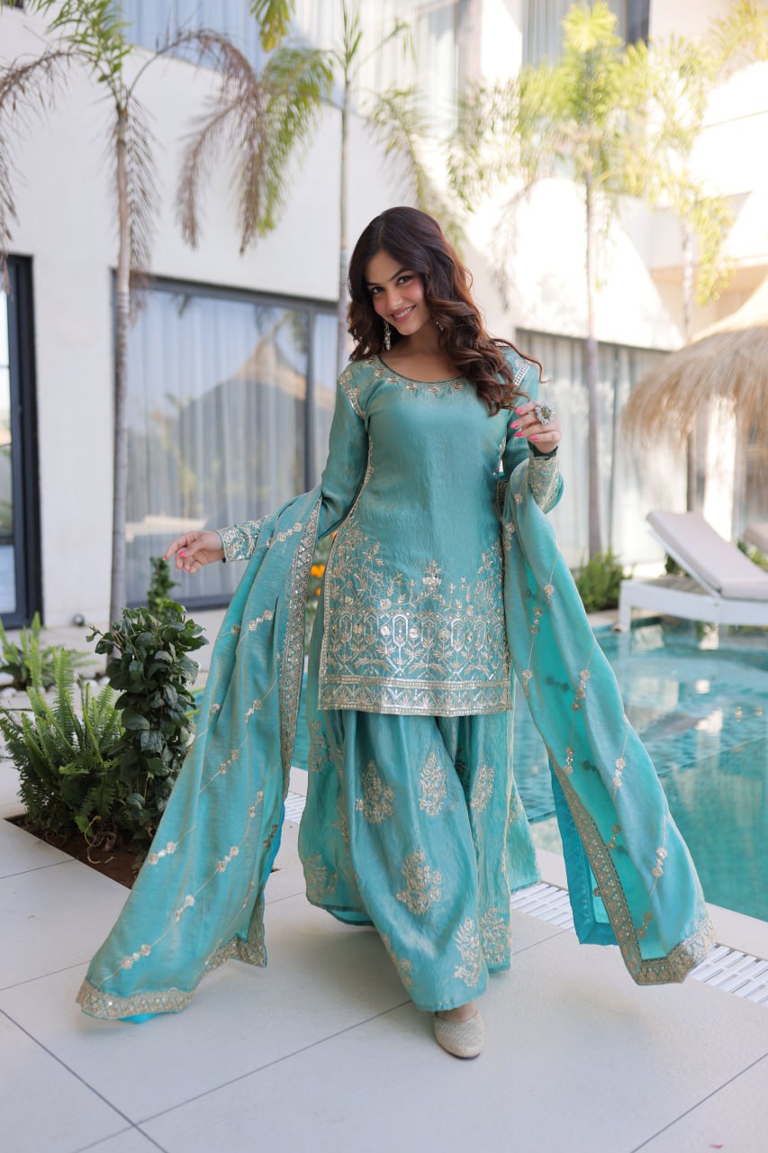 Sky Blue Crush Embroidered Kurti Sharara Set