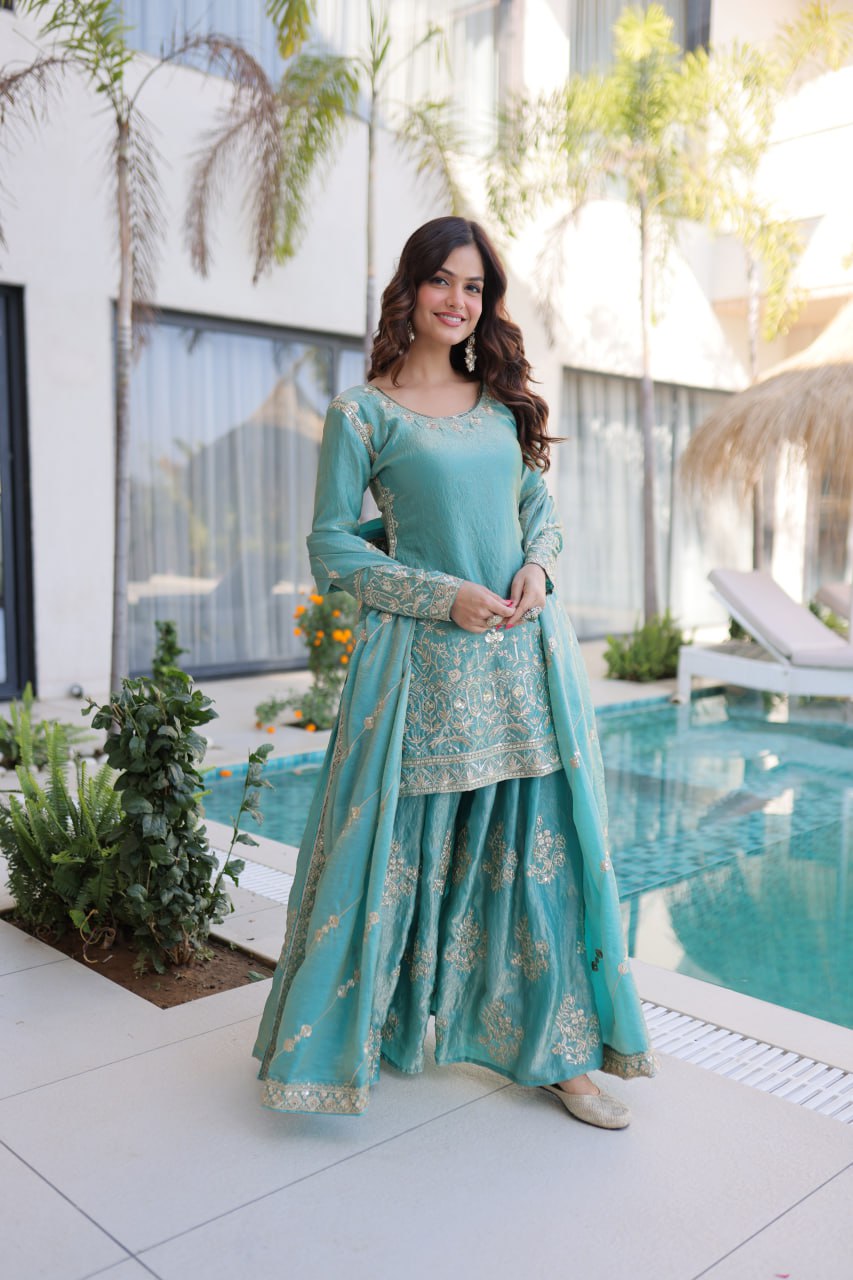 Sky Blue Crush Embroidered Kurti Sharara Set