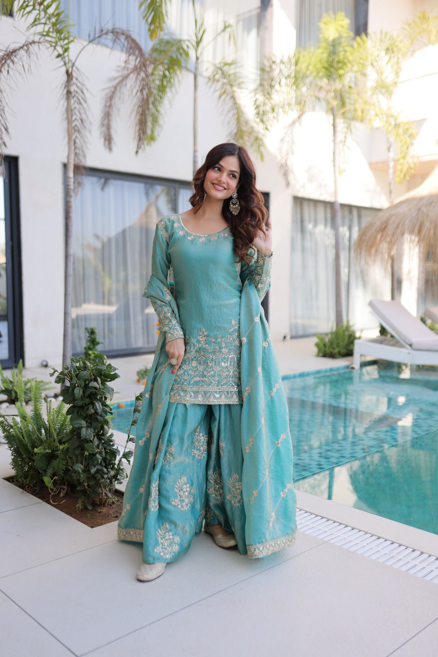 Sky Blue Crush Embroidered Kurti Sharara Set