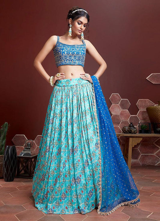 Sky Blue Crushed Lehenga With Sleeveless Choli