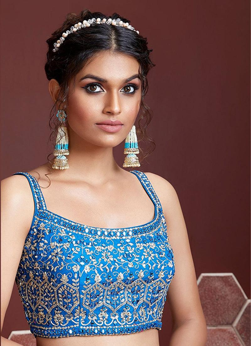 Sky Blue Crushed Lehenga With Sleeveless Choli