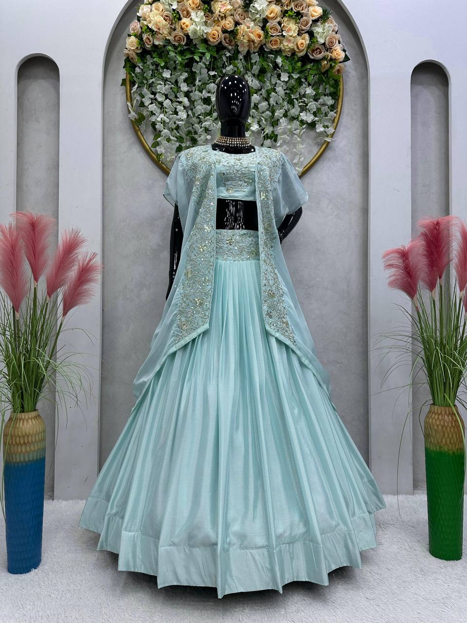 Sky Blue Designer Chinon Semi-Stitched Lehenga Set with Elegant Tabby Organza Shrug